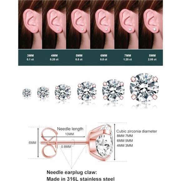 6 Pairs Rose Gold Stud Earrings Set, Hypoallergenic Cubic Zirconia 316L Earrings - Picture 5 of 6
